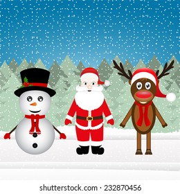 Santa Claus, a reindeer and a snowman in the Christmas forest 