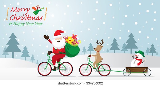 Santa Claus, Reindeer, Snowman Cycling Bicycles, Characters, Merry Christmas and Happy New year
