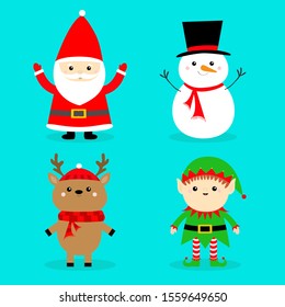 Santa Claus Reindeer Snowman Elf Deer set. Merry Christmas. Happy New Year. Red green black hat, scarf. Cute cartoon funny kawaii baby character. Greeting card. Flat design. Blue background. Vector