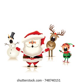 Santa Claus, Reindeer, Snowman and Elf isolated on the white background. Christmas companions. Vector illustration.