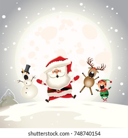 Santa Claus, Reindeer, Snowman and Elf jumping and singing Christmas carol on the north pole. Vector illustration.