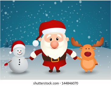 santa claus reindeer and snowman holding hands