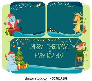 Santa Claus, reindeer and snowman jumping happily. Only Elf works adorn background. Holiday backgrounds and banner with the inscription. Backgrounds and banner Merry Christmas and Happy New Year