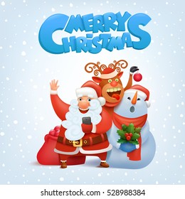 Santa Claus, reindeer and snowman making selfie merry christmas card vector illustration