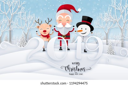 Santa Claus reindeer and snowman for merry christmas and happy new year 2019 background in flat style 