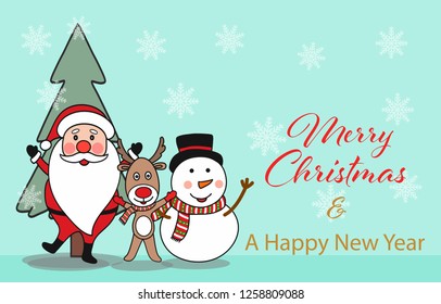 Santa Claus, reindeer, snowman Merry Christmas and happy new year cartoon vector, hand draw Christmas cartoon