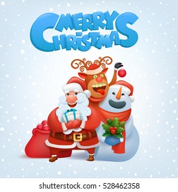 Santa Claus, reindeer and snowman merry christmas card vector illustration