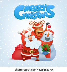 Santa Claus, reindeer and snowman merry christmas card vector illustration