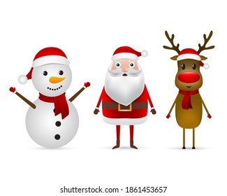 Santa claus, reindeer and snowman on a white background. Vector illustration for Christmas holiday and New Year