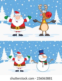 Santa Claus, Reindeer And Snowman With Open Arms. Vector Collection Set