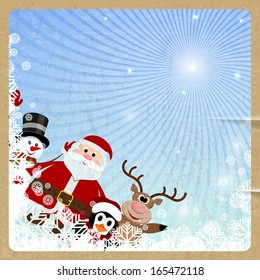 Santa Claus, reindeer, snowman, penguin on retro background