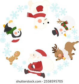 Santa Claus, reindeer, snowman, polar bear, penguin and gingerbread are walking!
Round Christmas vector illustration