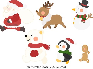 Santa Claus, reindeer, snowman, polar bear, penguin and gingerbread are walking!
icon set white background