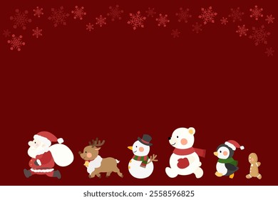 Santa Claus, reindeer, snowman, polar bear, penguin and gingerbread are walking!
Winter snowflake red background