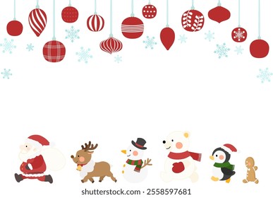 Santa Claus, reindeer, snowman, polar bear, penguin and gingerbread are walking!
Winter snowflake and ornaments background