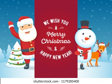 Santa Claus, reindeer and snowman with signboard. Christmas greeting card. Vector illustration