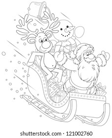 Santa Claus with Reindeer and Snowman sliding down in a sleigh with Christmas gifts