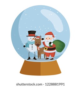 santa claus with reindeer and snowman in snow sphere