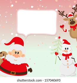 Santa Claus, reindeer, snowman, snow on a pink background