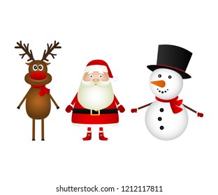 Santa Claus with reindeer and a snowman standing on a white back
