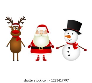 Santa Claus with reindeer and a snowman standing on a white background, on white background funny characters