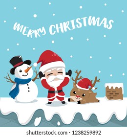 Santa claus reindeer and snowman take a party on Roof top in the snowing day.