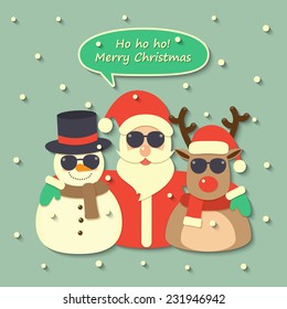 Santa Claus, reindeer and snowman wearing sunglasses with Merry Christmas speech bubble on snow background. vector.