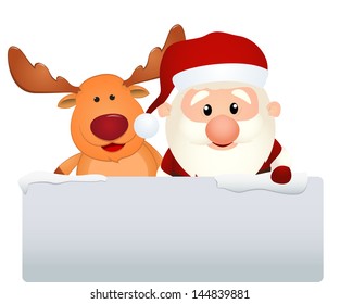 santa claus with reindeer and snowman in winter landscape
