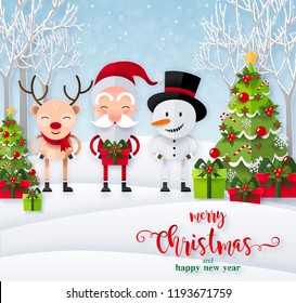 Santa Claus , reindeer and snowmen background in flat style for merry christmas and happy new year 2019.