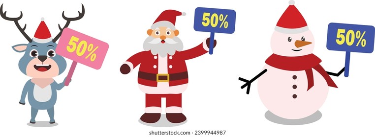 Santa Claus, reindeer, and snowmen hold information boards that can be used for design