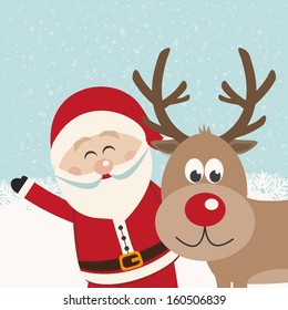 santa claus and reindeer snowy background