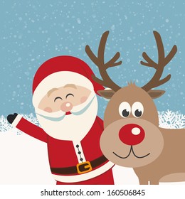 santa claus and reindeer snowy background