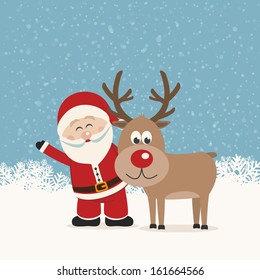 santa claus and reindeer snowy background