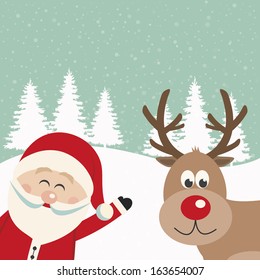 santa claus and reindeer snowy background