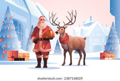 santa claus with reindeer standing town street with decorated christmas trees happy new year holiday celebration template horizontal
