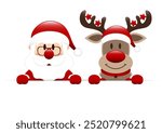 Santa Claus And Reindeer With Stars Holding Horizontal Banner Dark Red