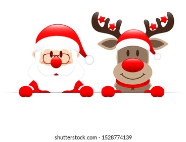 Santa Claus And Reindeer With Stars Holding Horizontal Banner