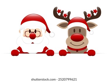 Santa Claus And Reindeer With Stars Holding Horizontal Banner Dark Red