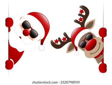 Santa Claus And Reindeer With Stars Sunglasses Banner Inside Dark Red