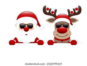 Santa Claus And Reindeer With Stars Sunglasses Holding Horizontal Banner Dark Red