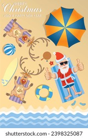 Santa Claus and Reindeer sunbathing on the beach
