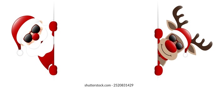 Santa Claus And Reindeer Sunglasses Banner Outside Dark Red