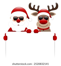 Santa Claus And Reindeer Sunglasses Hold Sign Dark Red