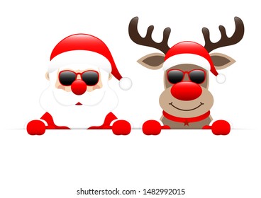 Santa Claus And Reindeer Sunglasses Holding Horizontal Banner