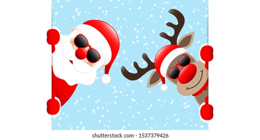 Santa Claus And Reindeer Sunglassses Inside Banner Snow Light Blue