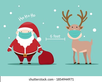 santa claus and reindeer with surgical mask covid-19 social distancing concept vector illustration flat design