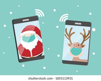 santa claus and reindeer with surgical mask calling on smartphone covid-19 social distancing concept vector illustration flat design