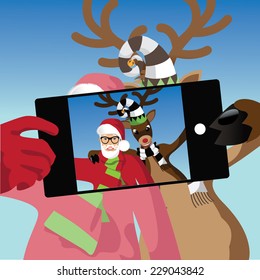 Santa Claus and reindeer take a selfie. EPS 10 vector