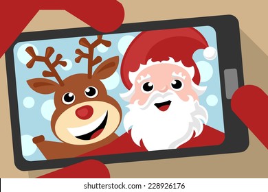 Santa Claus And Reindeer Taking A Selfie Photo