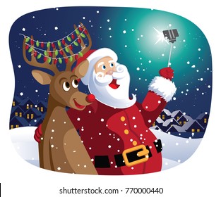 Santa Claus and the Reindeer taking a selfie. Vector cartoon of Santa Claus and his best buddy taking a Christmas photo together using a selfie stick. EPS 10 vector illustration.